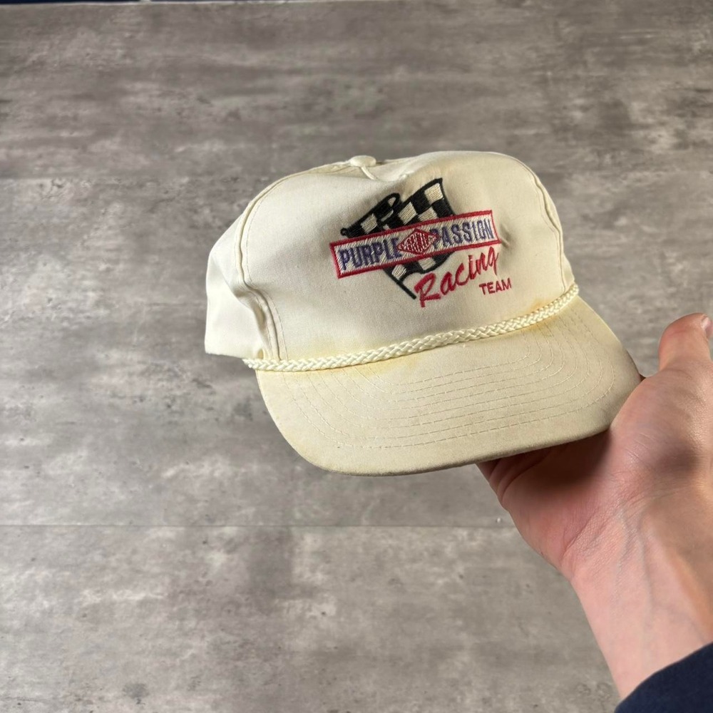 Vintage Purple Passion Racing Team Hat Mens OSFA White 80s Rope Snapback